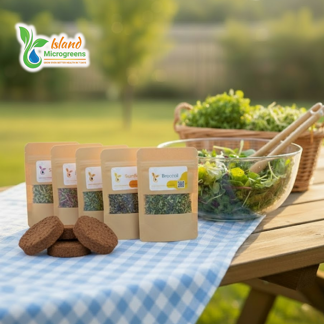 Island Microgreens packages on a table with microgreens and a basket in the background