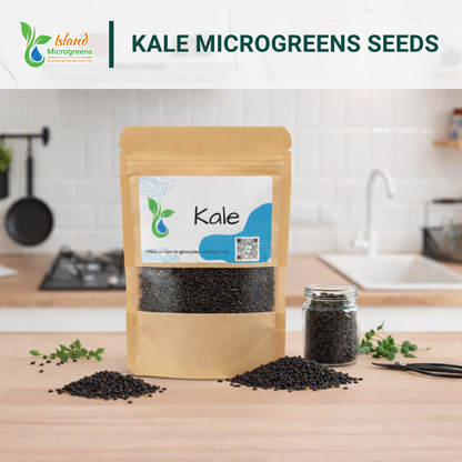 Kale microgreens seeds packaging on a kitchen counter with 'Island Microgreens' branding.