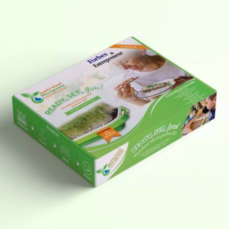 Island Microgreen's Green and white box with images of a person and text on a light gray background
