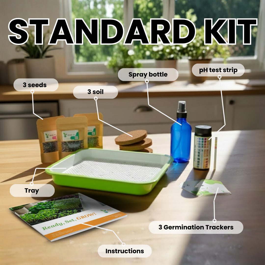 Microgreen Gardening kit with labeled components on a table