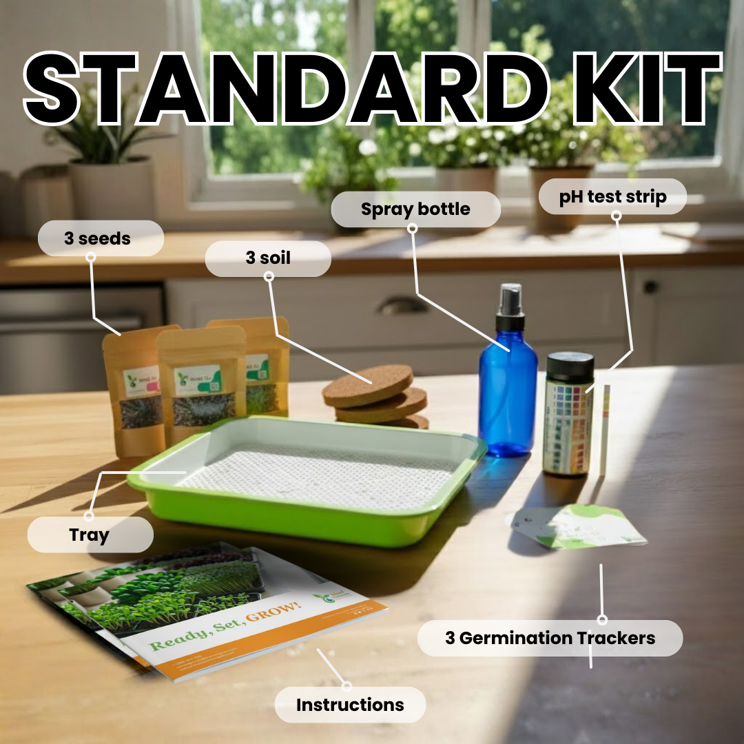 Microgreen Gardening kit with labeled components on a table