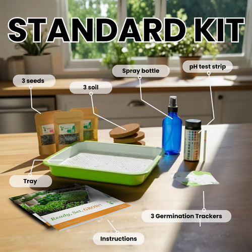 Microgreen Gardening kit with labeled components on a table