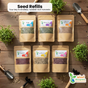 Seed refills on a wooden surface with gardening tools and microgreens.