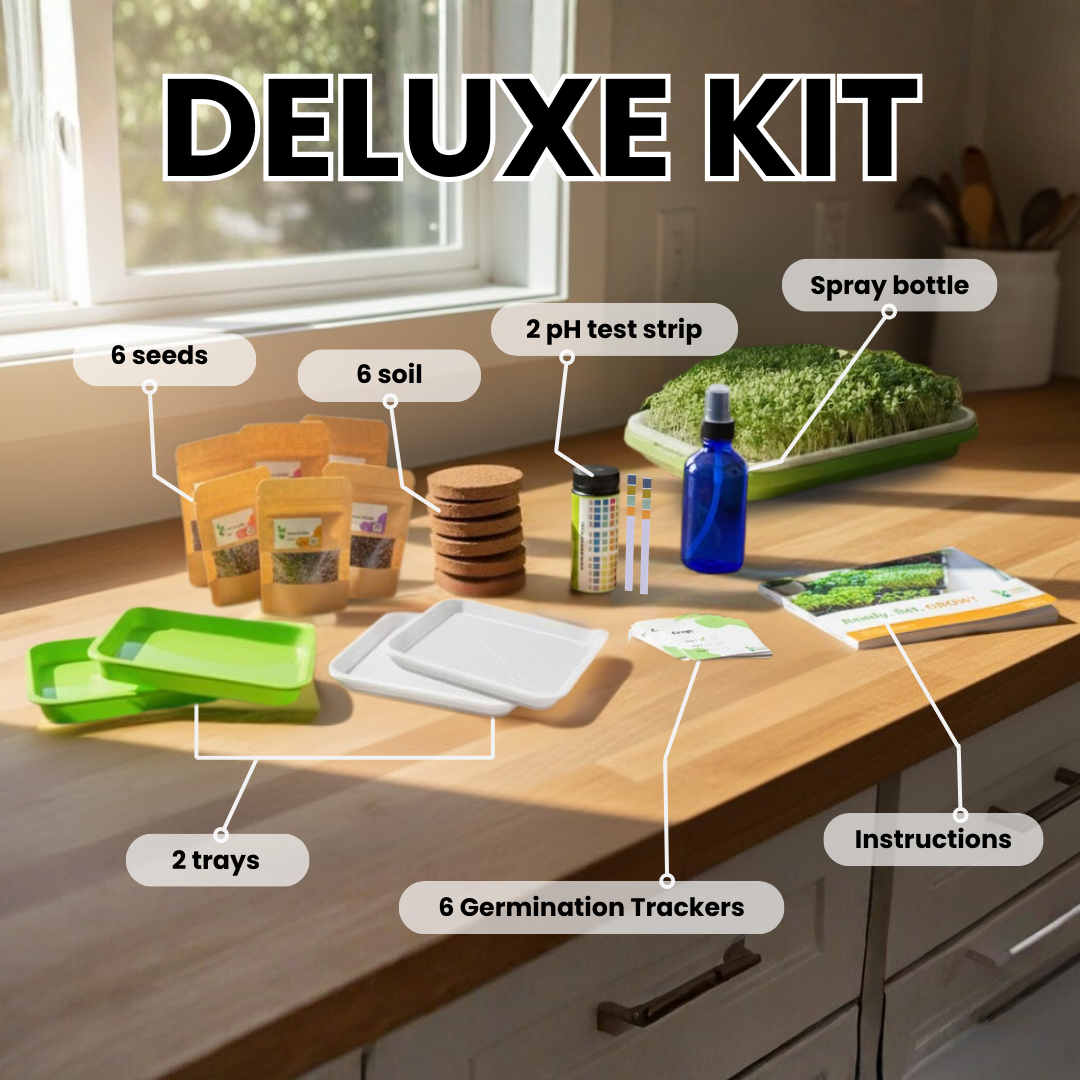 Deluxe indoor gardening kit with labeled components on a wooden table.