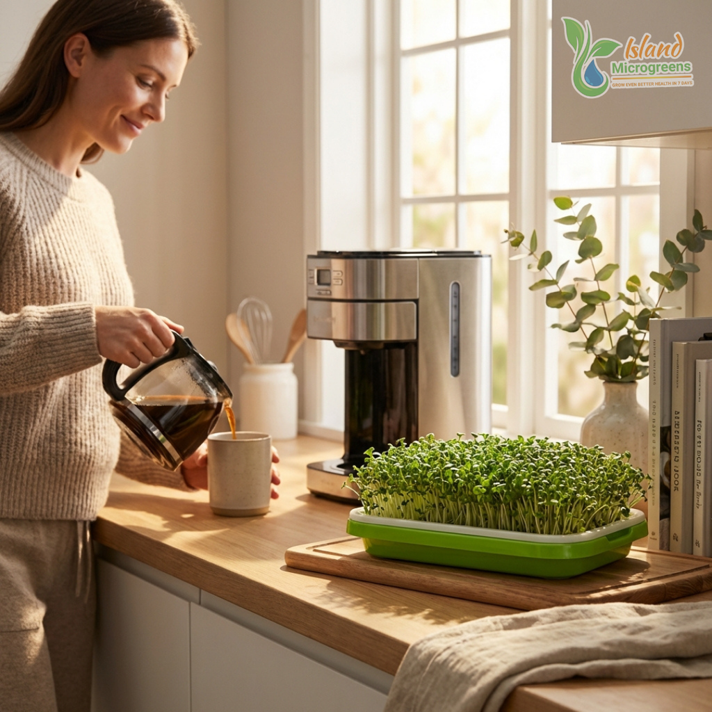 Woman pouring coffee into a mug with a container of microgreens on a kitchen counter.