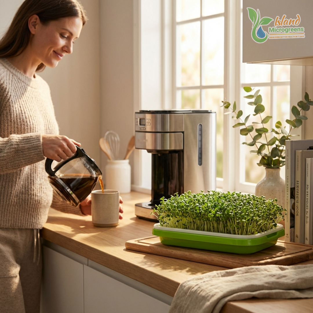 Woman pouring coffee into a mug with a container of microgreens on a kitchen counter.