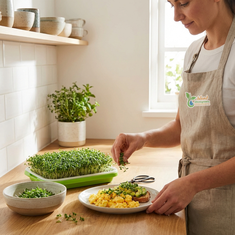 Person preparing food in a kitchen with microgreens and utensils.