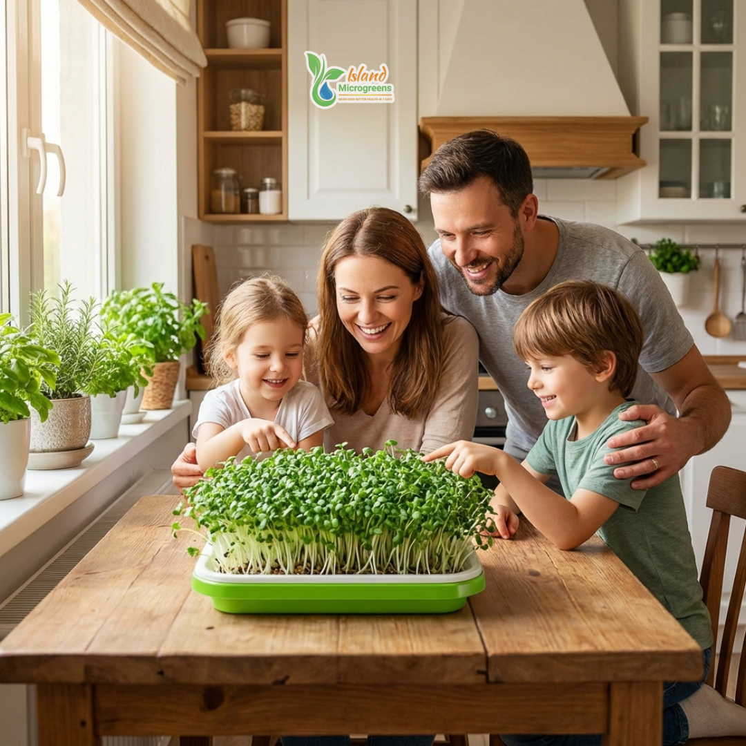 Family in a kitchen examining microgreens on a wooden table