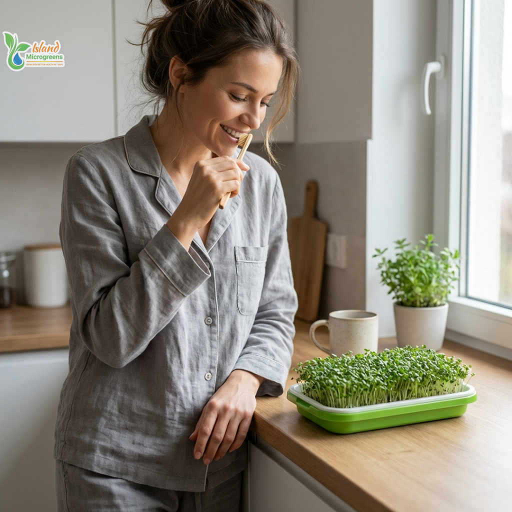 Woman in a kitchen watching microgreens from a tray on a windowsill.