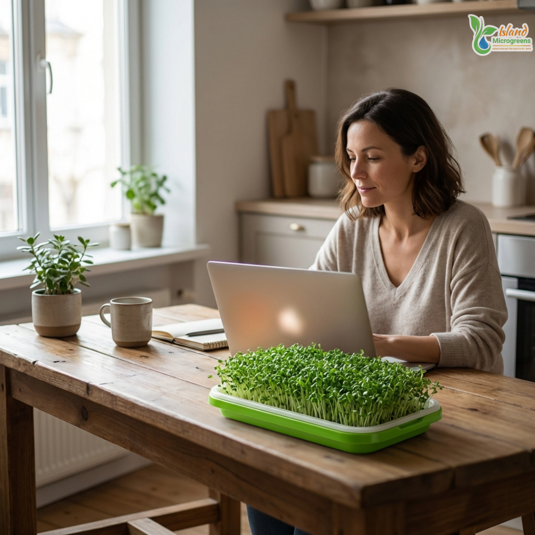Woman using a laptop at a wooden table with plants and a tray of Island Microgreens microgreens.