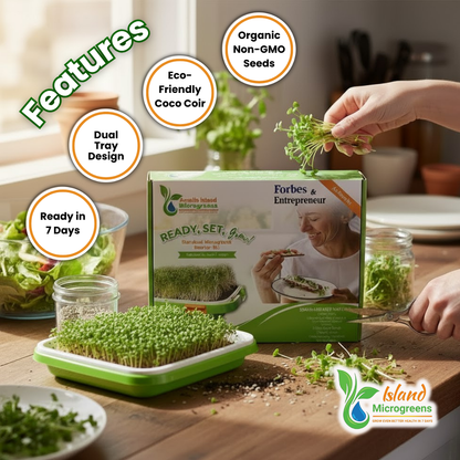 Forbes & Entrepreneur microgreens kit with sprouts on a wooden table, featuring Island Microgreens branding.