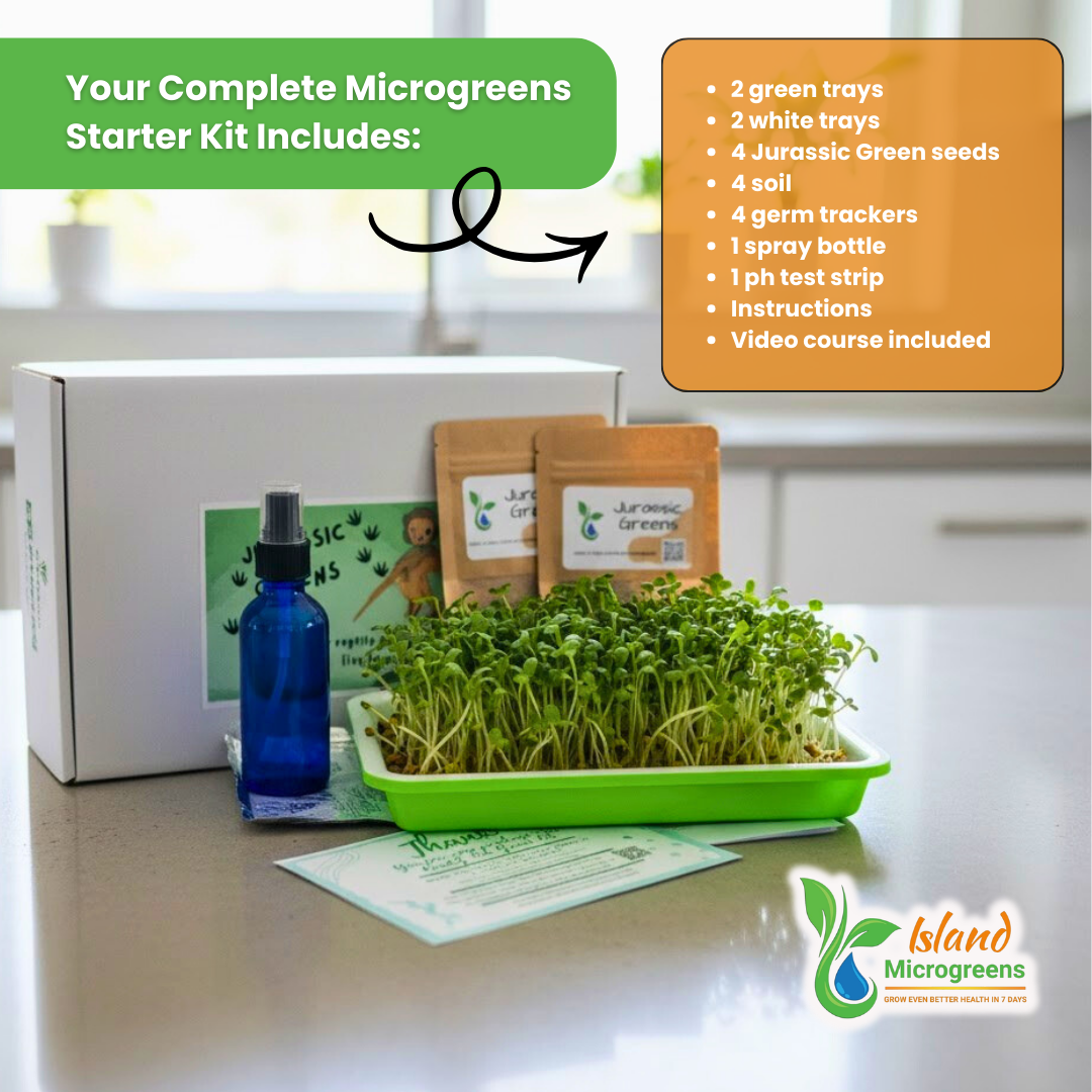 reptile Microgreens starter kit with microgreens, sprayer, and packaging on a table.