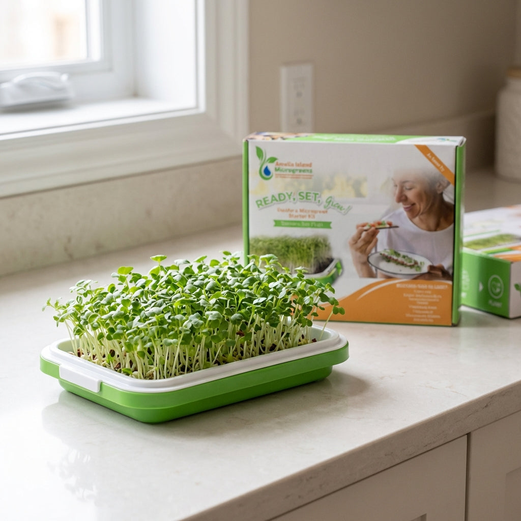 Green microgreen sprouts in a tray with a gardening kit box on a kitchen counter.