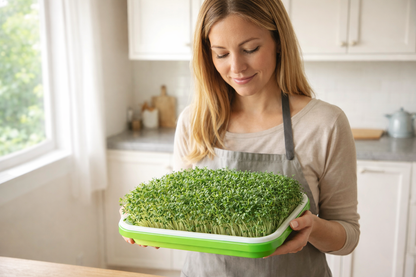 Woman holding a tray of fresh microgreens in a kitchen.