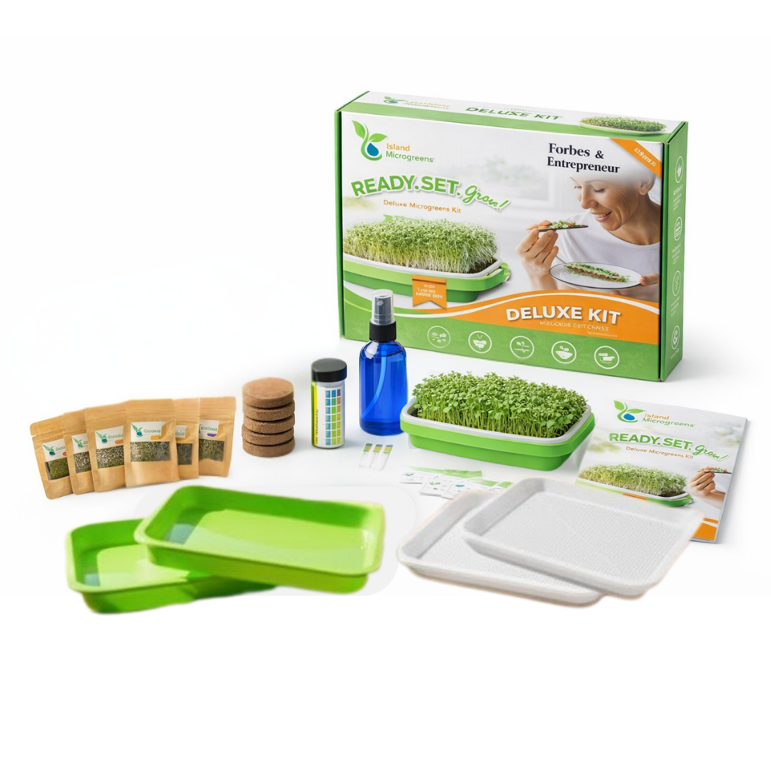 Green microgreens growing kit with packaging on a white background