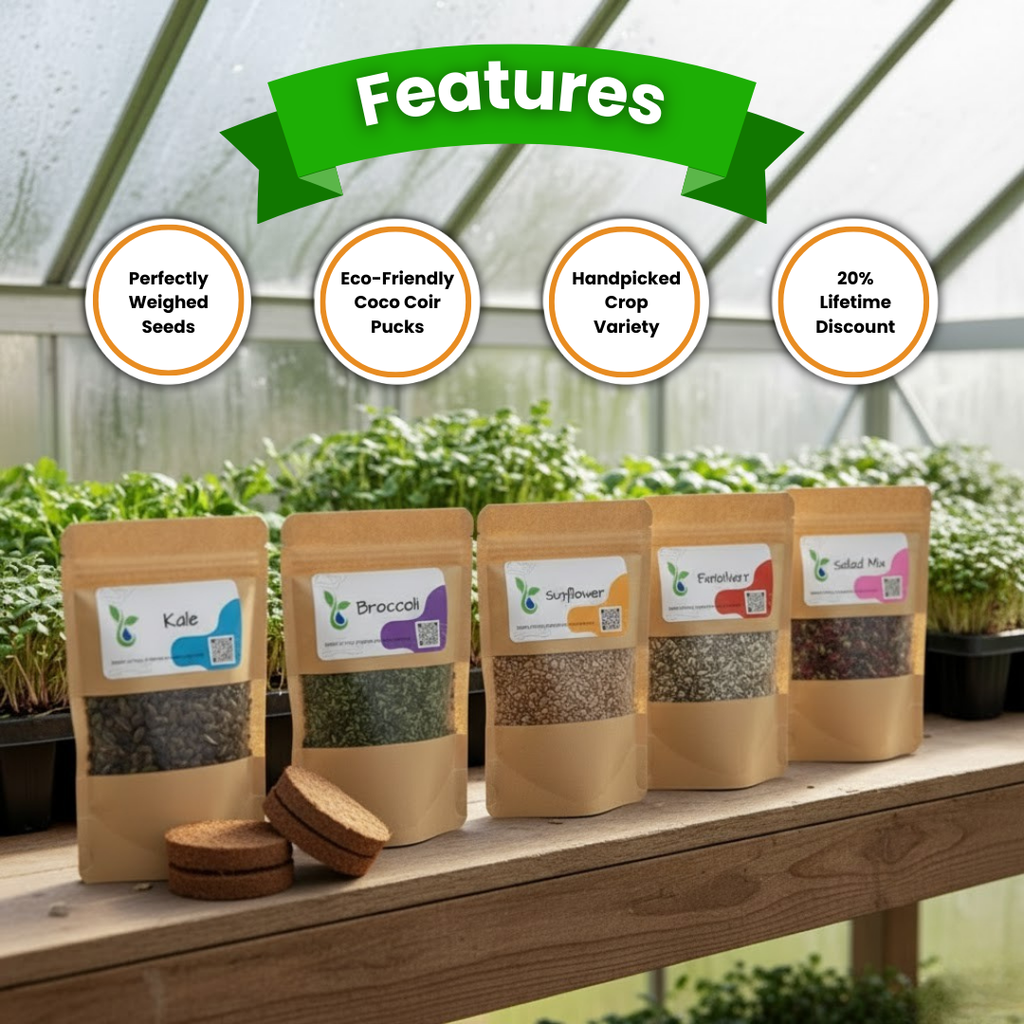 Five brown microgreen kraft bags with microgreen seed packets on a wooden surface, with a greenhouse in the background.