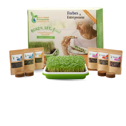 Forbes & Entrepreneur island microgreens product set with packaging and sprouting kit on a white background