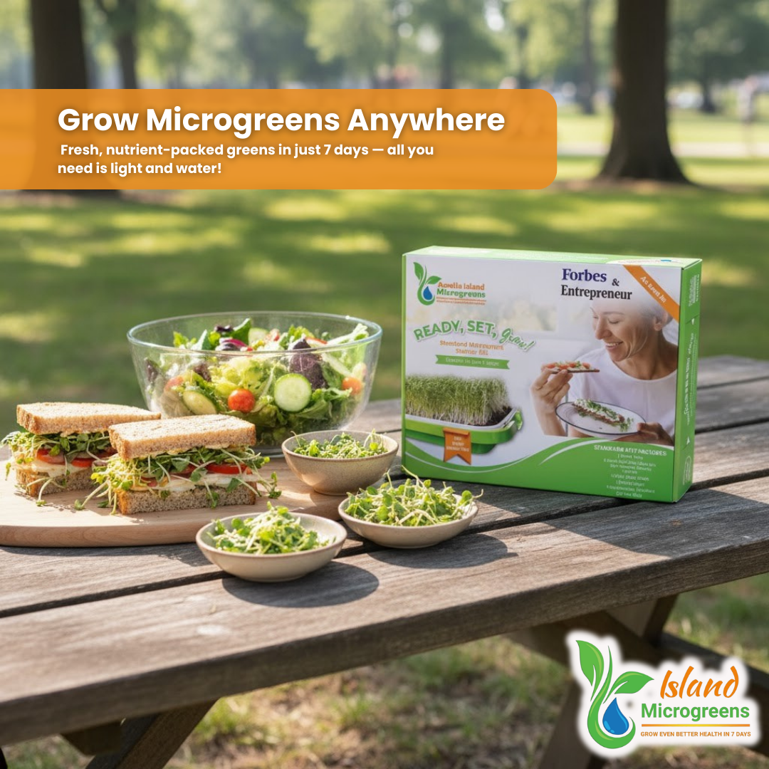 Island Microgreens packaging with microgreens on a wooden table outdoors