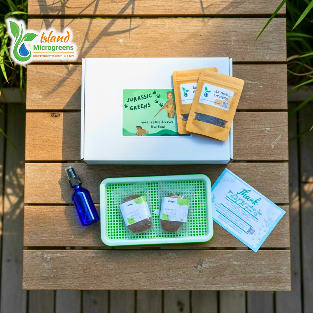Island Microgreens gardening kit with seed packets, spray bottle, and tray on a wooden surface.