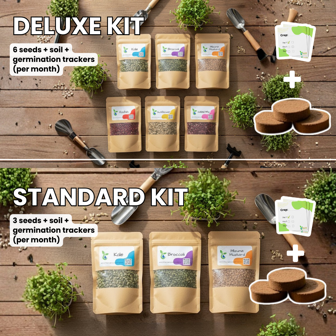 Comparison of Deluxe and Standard gardening kit contents on a wooden surface with plants and tools.