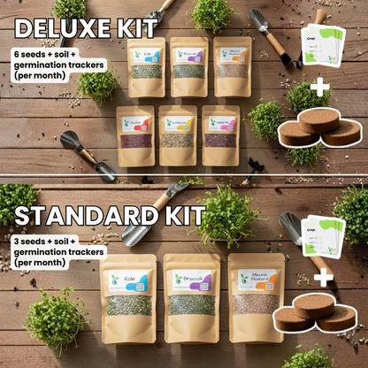 Comparison of Deluxe and Standard gardening kit contents on a wooden surface with plants and tools.