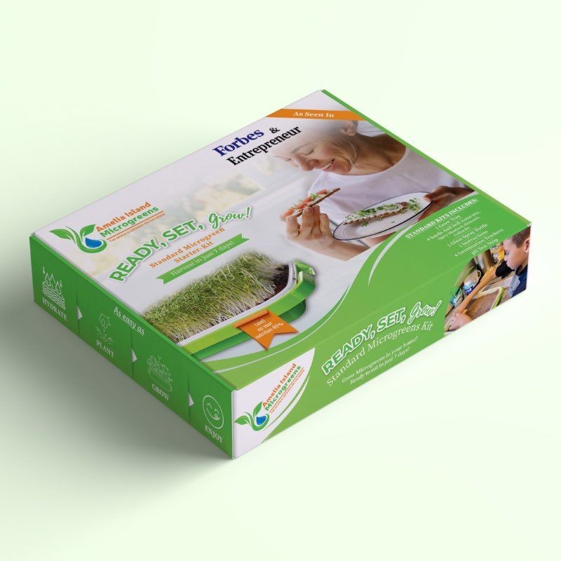 Island Microgreens Green and white box with images of a person and text on a light gray background