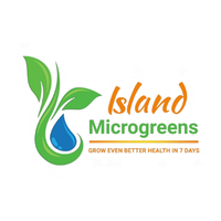 Island Microgreens logo with green leaves and a water droplet on a white background