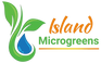 Logo of Island Microgreens with green leaves and a blue droplet on a white background