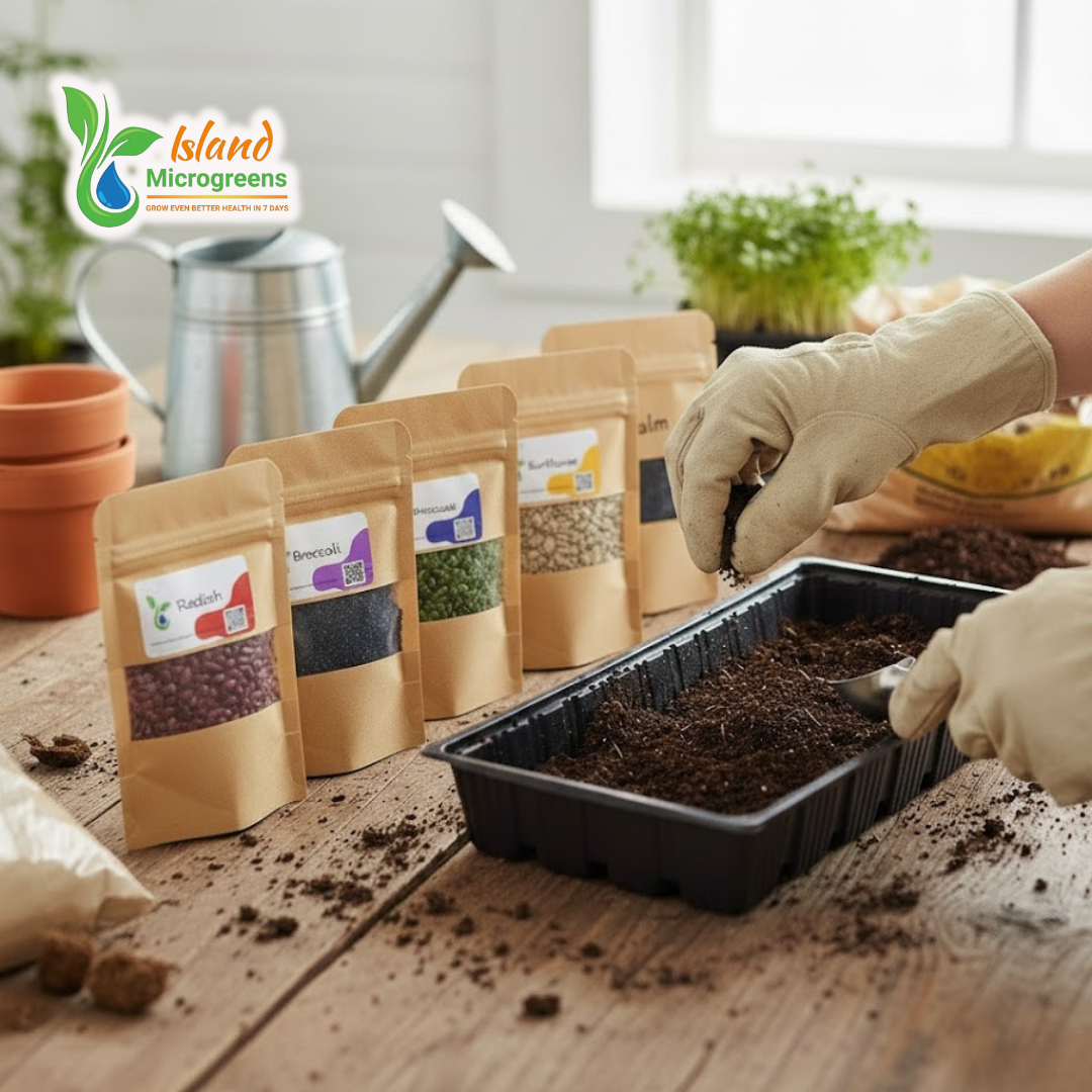 Person planting seeds in a tray with Island Microgreens packaging on a wooden table.