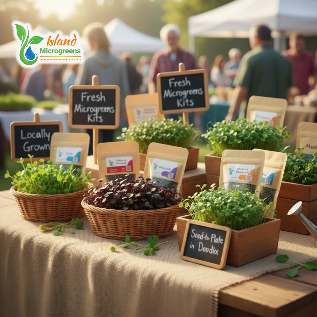 Island Microgreens display at an outdoor event with people in the background