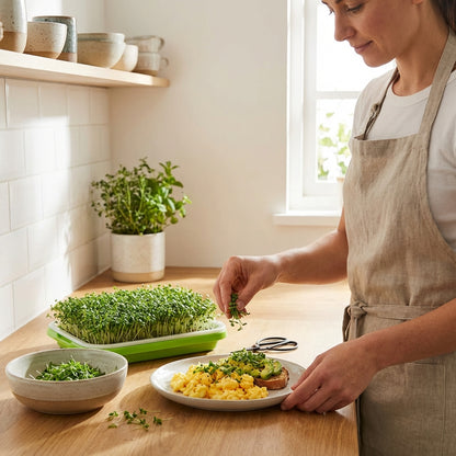 Woman in a kitchen preparing food on a wooden table with plants and utensils.