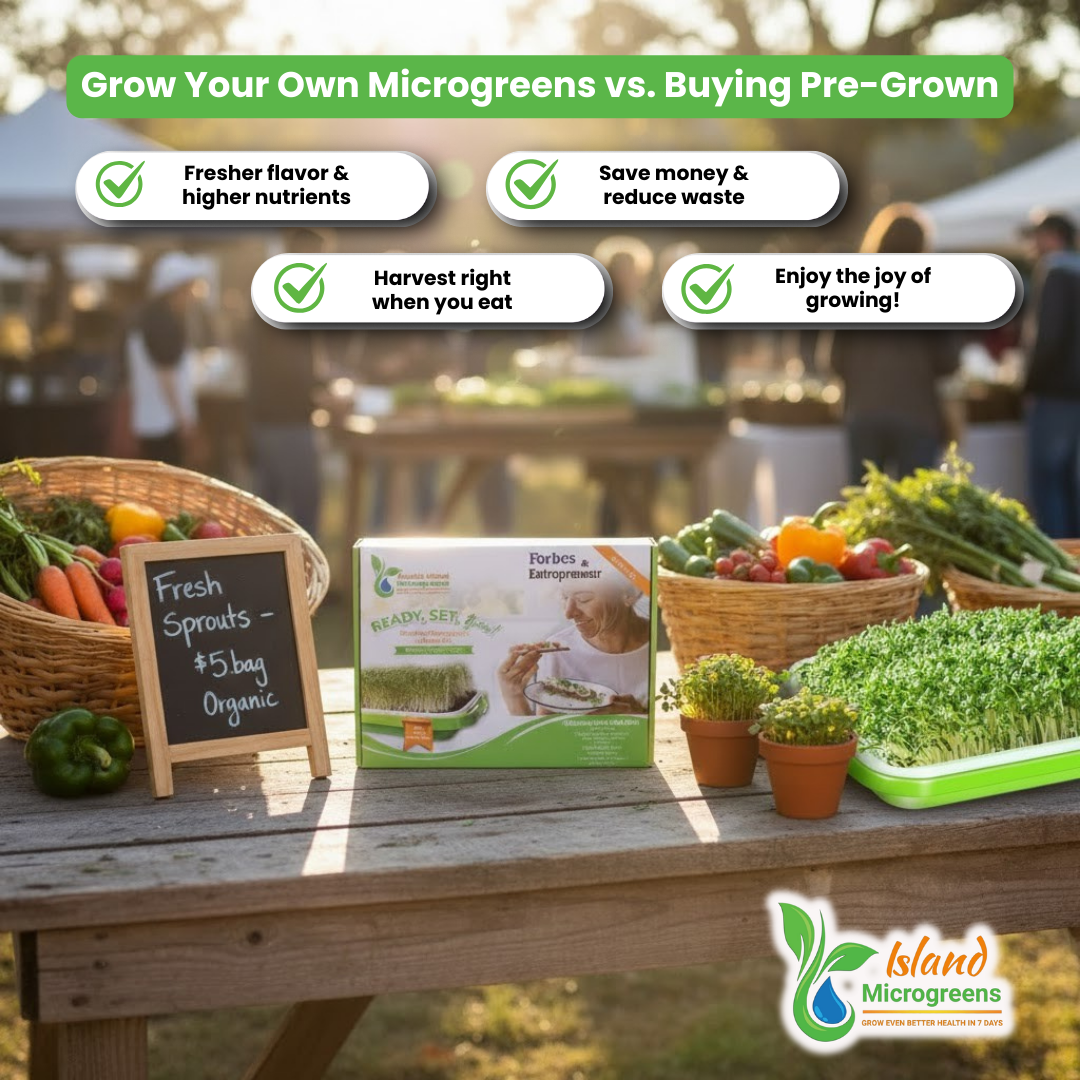 image for growing microgreens with text and products on a table.