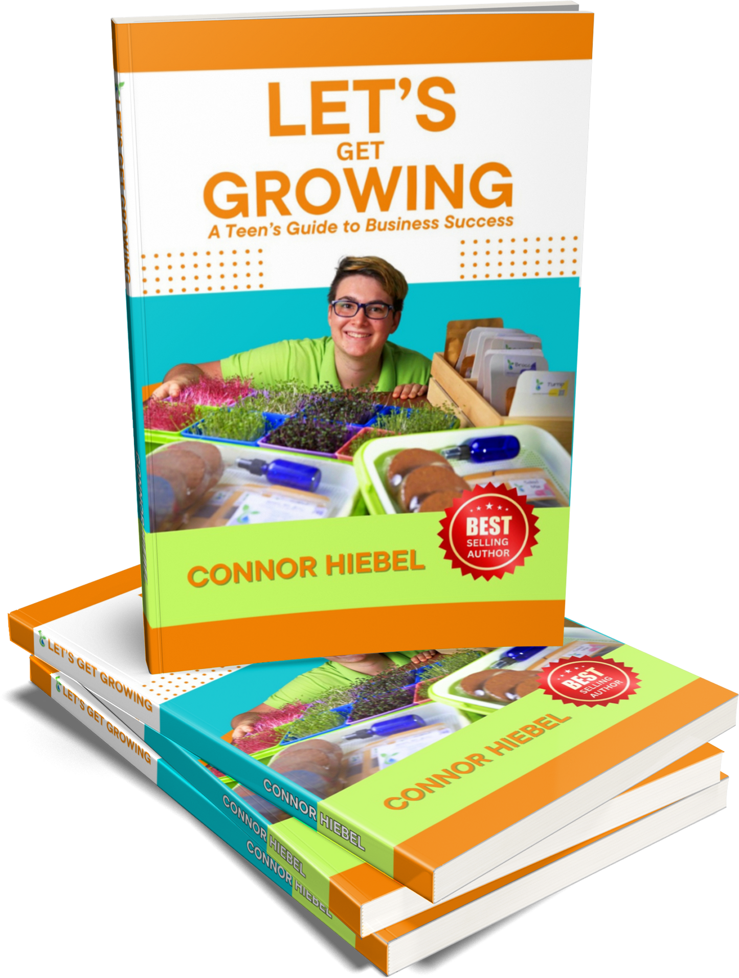 Book titled 'Let's Get Growing' by Connor Hiebel with a colorful cover design.