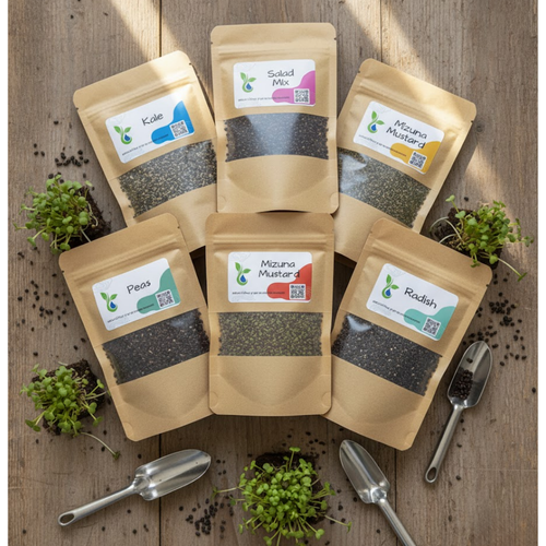 Five packages of seed packets on a wooden surface with gardening tools and plants.