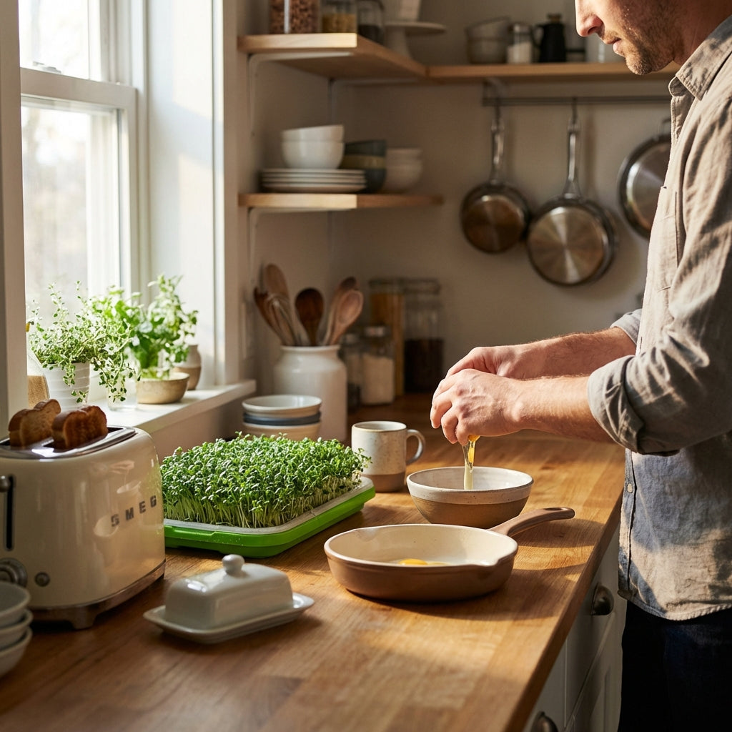 Man preparing food in a kitchen with wooden countertops and various kitchen items.