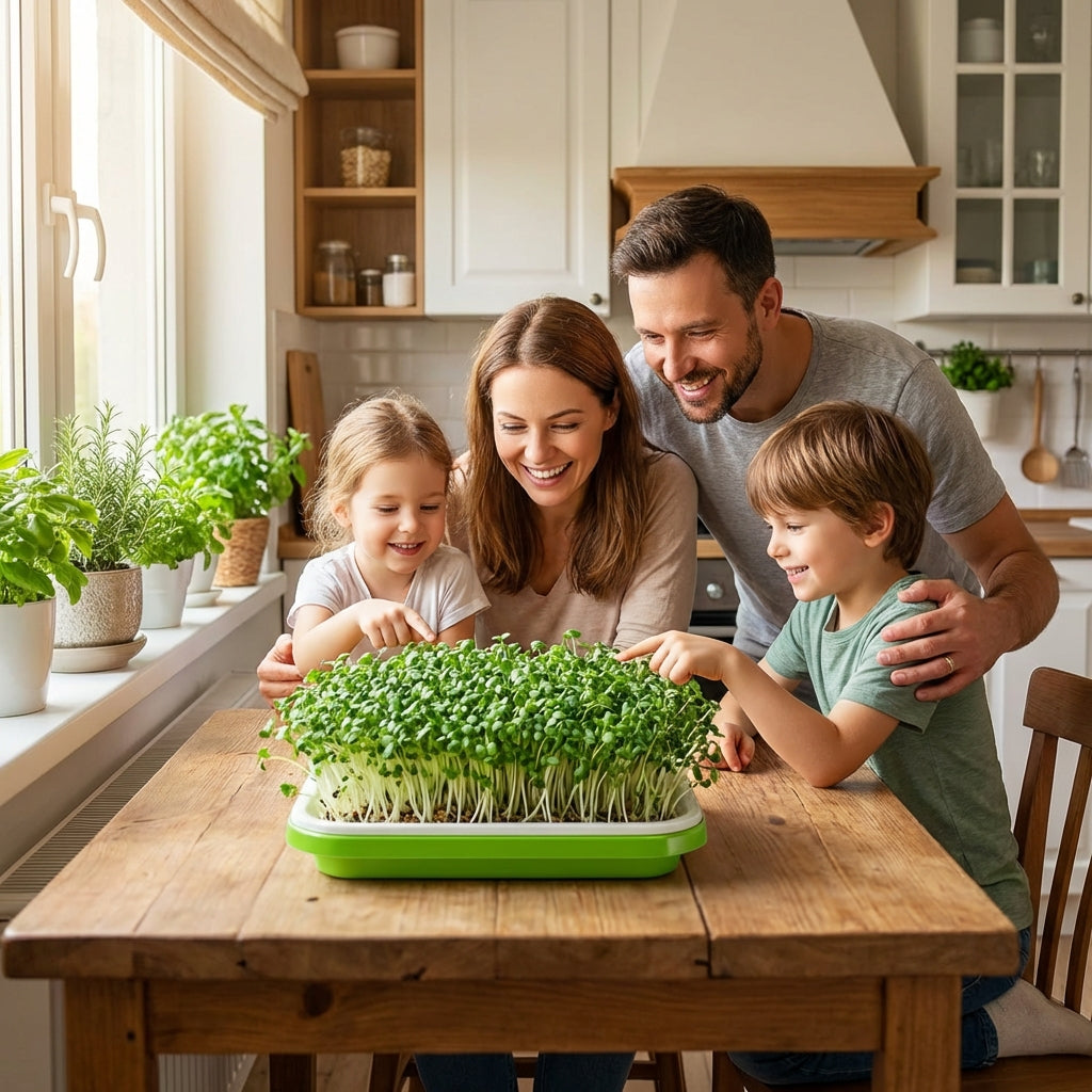 Family of four, including two adults and two children, are gathered around a wooden table in a kitchen, examining sprouts in a green tray.