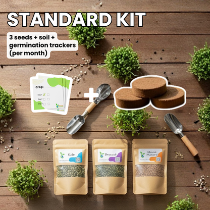 Gardening kit with seeds, soil, and tools on a wooden surface