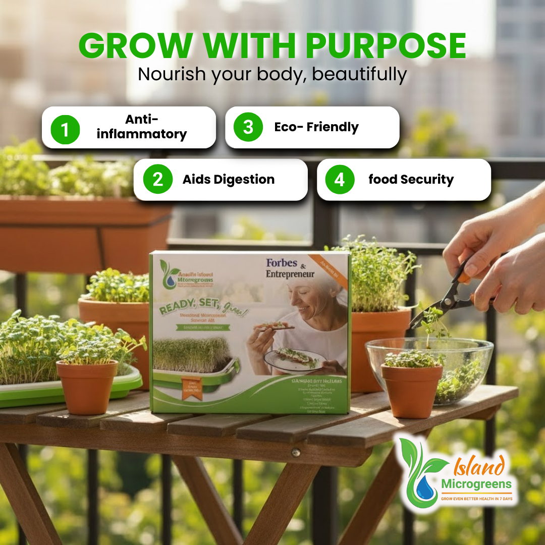 Island Microgreens product with benefits listed on a table outdoors